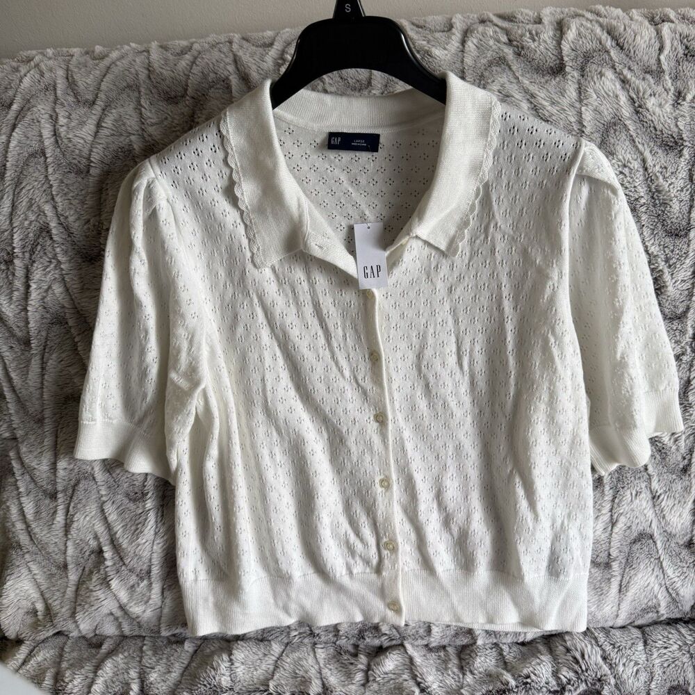 GAP 100% Cotton Pointelle Crop Cardigan Yellow NWT Large B44 Puff Sleeve